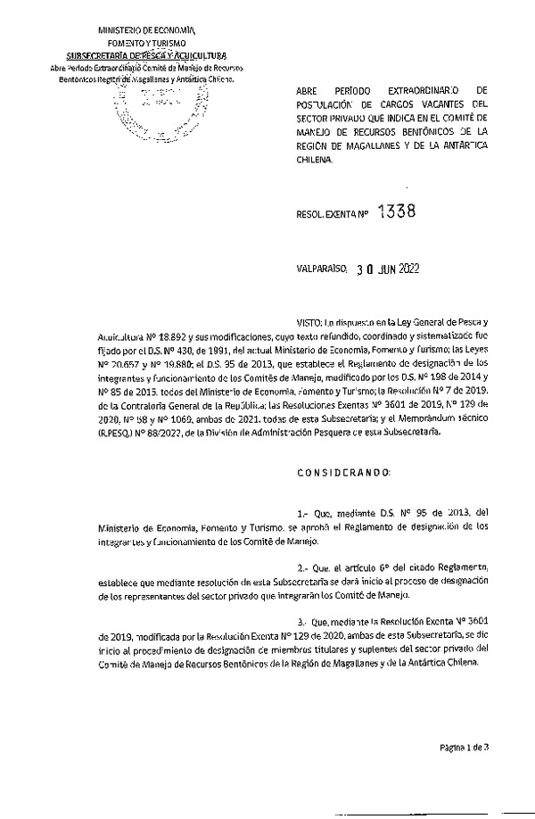 Res. Ex. N° 1338-2022 Abre Período Extraordinario de Postulación de Cargos Vacantes del Sector Privado que Indica en el Comité De Manejo de Recursos Bentónicos de la Región de Magallanes y Antártica Chilena. (Publicado en Página Web 04-07-2022) (F.D.O. 06-07-2022)