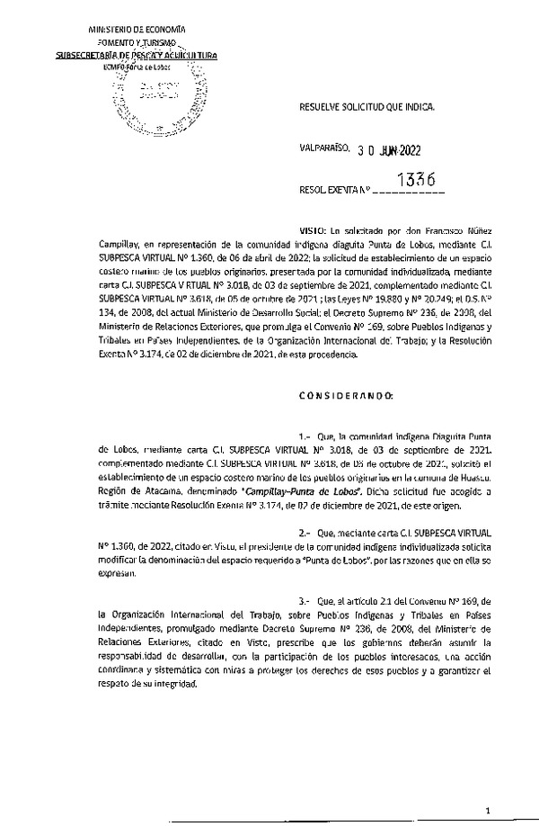 Res. Ex. 1336-2022 Resuelve solicitud que indica. (Publicado en Página Web 04-07-2022)