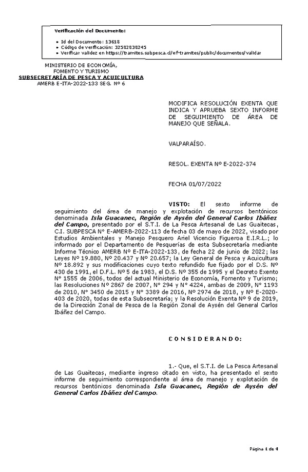 RESOL. EXENTA Nº E-2022-374 Modifica resolución que indica, Aprueba 6° Seguimiento. (Publicado en Página Web 04-07-2022)