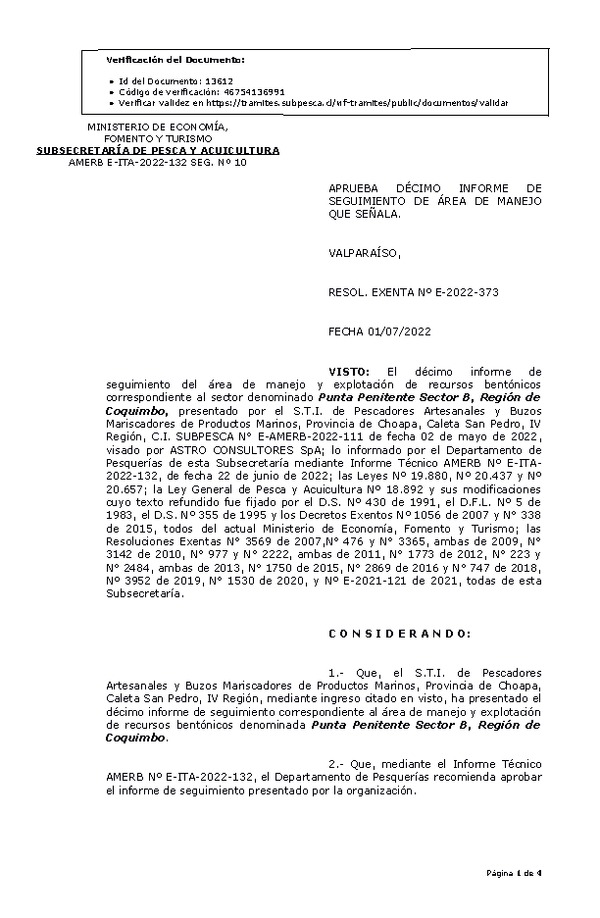 RESOL. EXENTA Nº E-2022-373 Aprueba 10° Seguimiento. (Publicado en Página Web 04-07-2022)