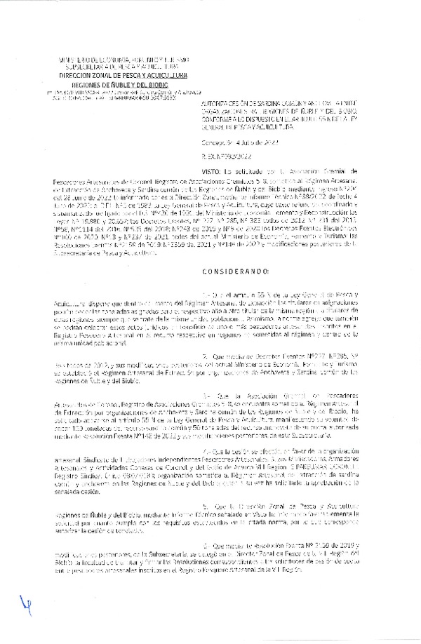 Res. Ex. N° 082-2022 (DZP Ñuble y del Biobío) Autoriza cesión Sardina común y Anchoveta. (Publicado en Página Web 04-07-2022)