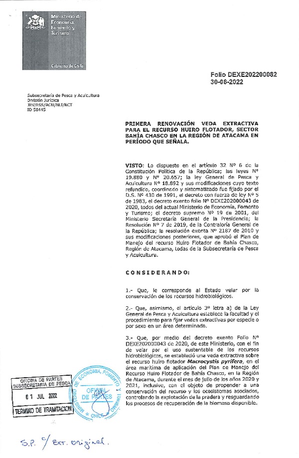 Dec. Ex. Folio 202200082 Primera Renovación Veda Extractiva para el Recurso Huiro Flotador, Sector Bahía Chasco en la Región de Atacama en Período que Señala. (Publicado en Página Web 04-07-2022)