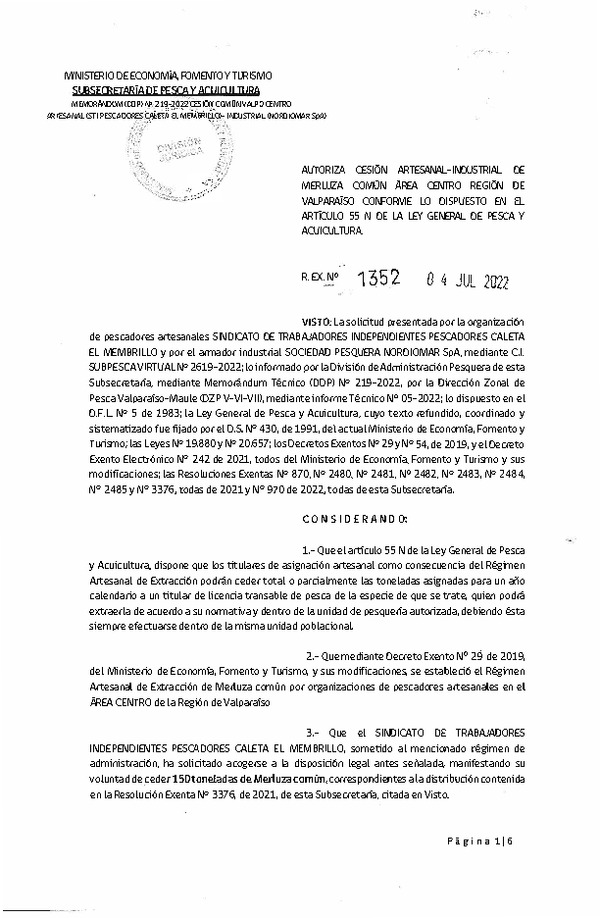 Res. Ex. N° 1352-2022 Autoriza Cesión de Merluza Común Área Centro Región de Valparaíso. (Publicado en Página Web 04-07-2022)