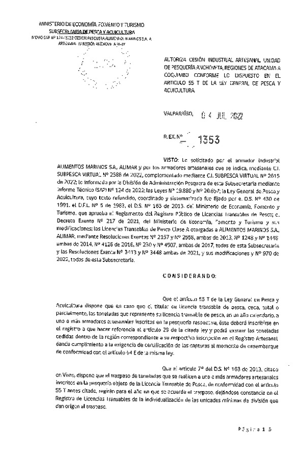 Res Ex N° 1353-2022, Autoriza Cesión de Anchoveta Regiones de Atacama a Coquimbo. (Publicado en Página Web 04-07-2022).