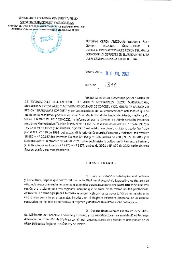 Res. Ex. N° 1346-2022 Autoriza Cesión de Merluza Común, Regiones Ñuble-Biobío a Región del Maule. (Publicado en Página Web 04-07-2022)