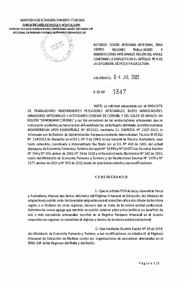 Res. Ex. N° 1347-2022 Autoriza Cesión de Merluza Común, Regiones Ñuble-Biobío a Región del Maule. (Publicado en Página Web 04-07-2022)