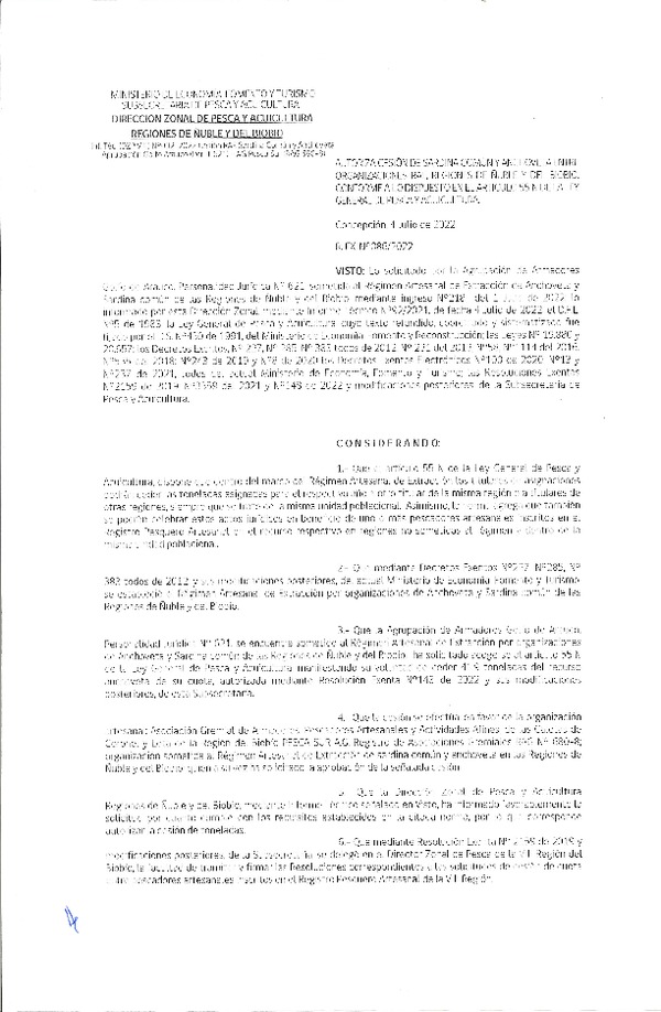 Res. Ex. N° 086-2022 (DZP Ñuble y del Biobío) Autoriza cesión Sardina común y Anchoveta. (Publicado en Página Web 05-07-2022)