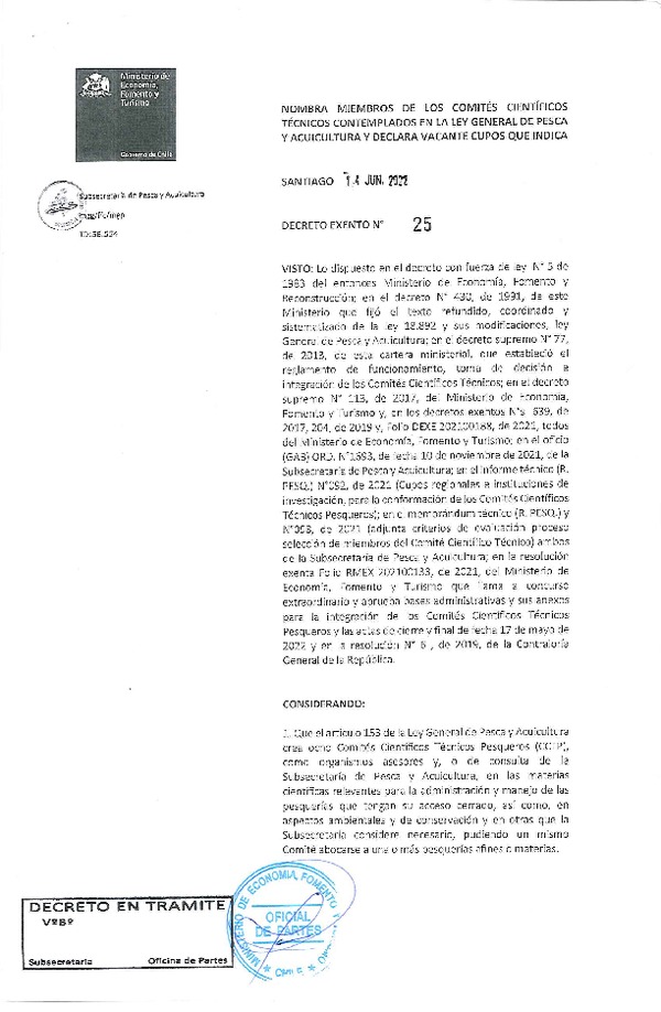 Dec. Ex. N° 25-2022 Nombra Miembros de Los Comités Científicos Técnicos Contemplados en la Ley General de Pesca y Acuicultura y Declara Vacante Cupos que Indica. (Publicado en Página Web 05-07-2022)