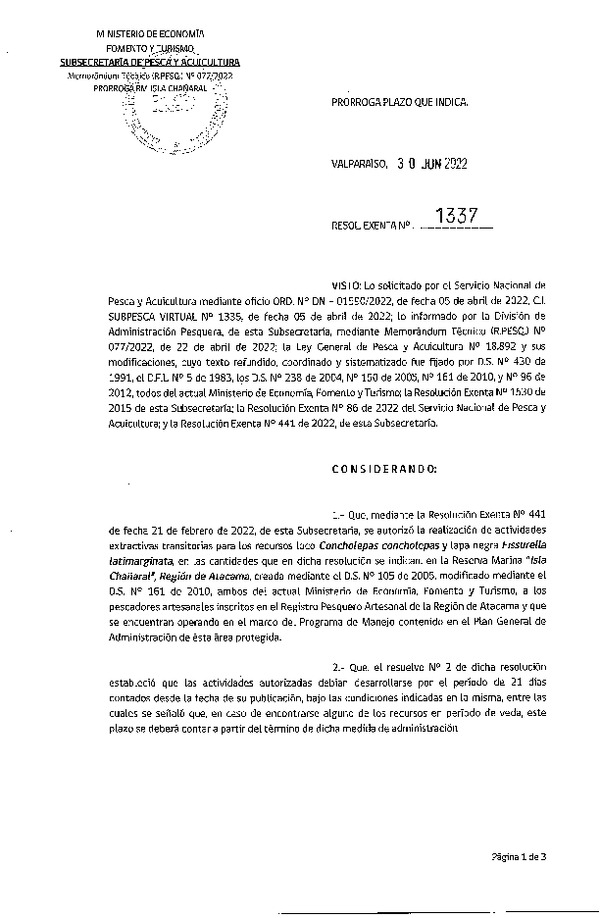 Res. Ex. N° 1337-2022 Prorroga Plazo que Indica, Res. Ex. 441-2022. (Publicado en Página Web  06-07-2022) (F.D.O. 06-07-2022)