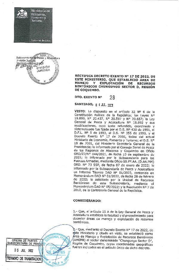 Dec. Ex. N° 28-2022 Rectifica Dec. Ex. N° 17-2022 Que Modifica Dec. Ex. N° 639-2002 Chungungo Sector D, Región de Coquimbo. (Publicado en Página Web  06-07-2022)