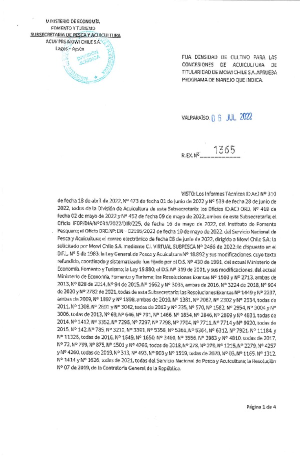 Res. Ex. N° 1365-2022 Fija densidad de cultivo para las concesiones de titularidad de Mowi Chile S.A. (Publicado en Página Web 06-07-2022)