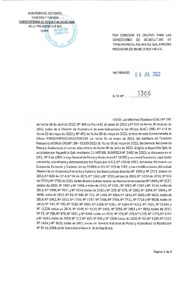 Res. Ex. N° 1366-2022 Fija densidad de cultivo para las concesiones de titularidad de Aquachile SpA. (Con Informe Técnico) (Publicado en Página Web 06-07-2022)