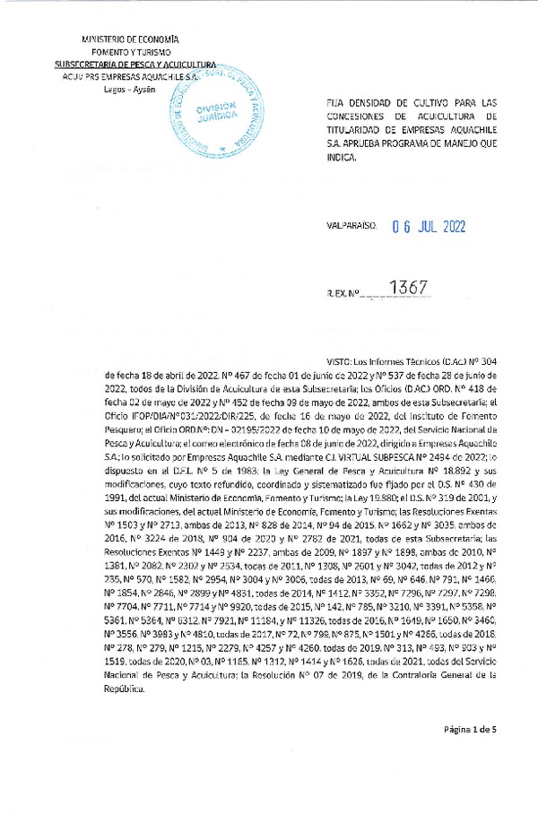 Res. Ex. N° 1367-2022 Fija densidad de cultivo para las concesiones de titularidad de empresas Aquachile S.A. Aprueba programa de manejo que indica. (Con Informe Técnico) (Publicado en Página Web 06-07-2022)