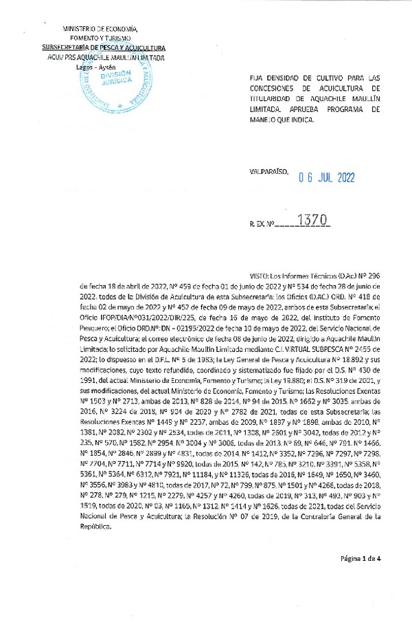 Res. Ex. N° 1370-2022 Fija densidad de cultivo para las concesiones de titularidad de Aquachile Maullín Limitada. Aprueba programa de manejo que indica. (Con Informe Técnico) (Publicado en Página Web 06-07-2022)