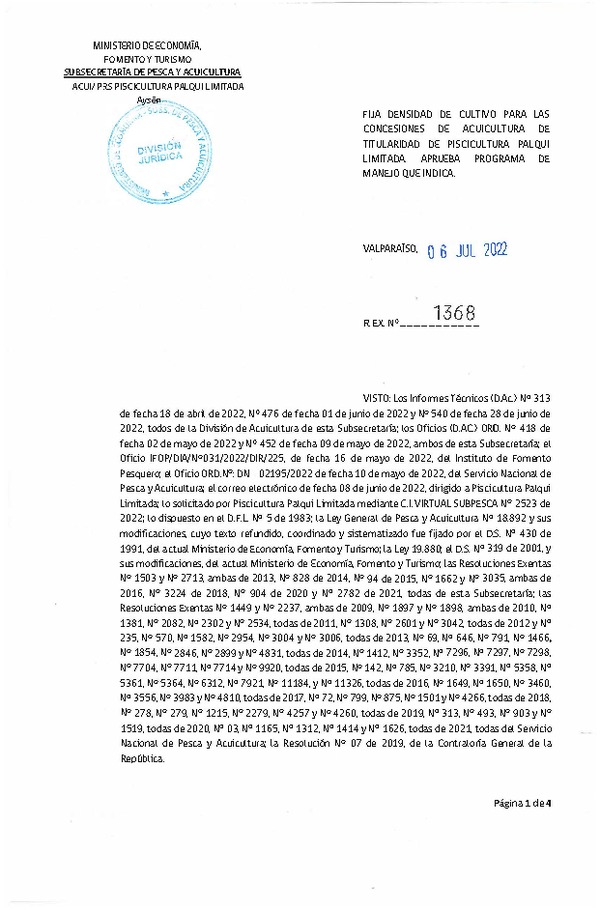 Res. Ex. N° 1368-2022 Fija densidad de cultivo para las concesiones de titularidad de Piscicultura Palqui Limitada. Aprueba programa de manejo que indica. (Con Informe Técnico) (Publicado en Página Web 06-07-2022)