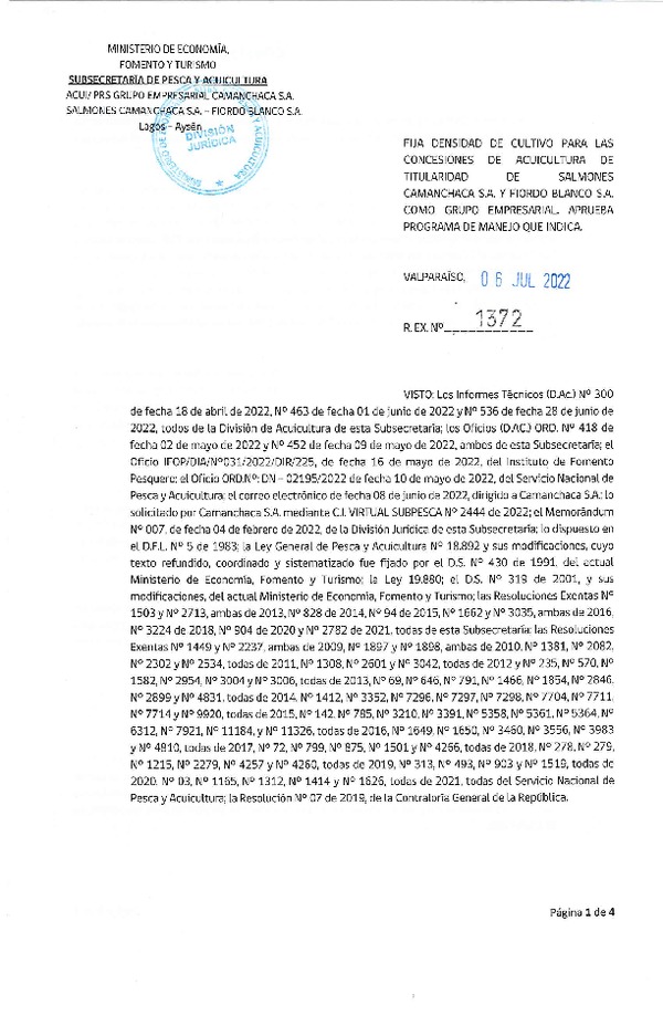 Res. Ex. N° 1372-2022 Fija densidad de cultivo para las concesiones de titularidad de Salmones Camanchaca S.A. y Fiordo Blanco S.A. como grupo empresarial. Aprueba programa de manejo que indica. (Con Informe Técnico) (Publicado en Página Web 06-07-2022)