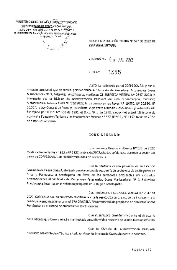 Res. Ex. N° 1355-2022 Modifica Res. Ex. N° 577-2022 Autoriza Cesión Anchoveta, Regiones de Arica y Parinacota a Región de Antofagasta. (Publicado en Página Web 06-07-2022)