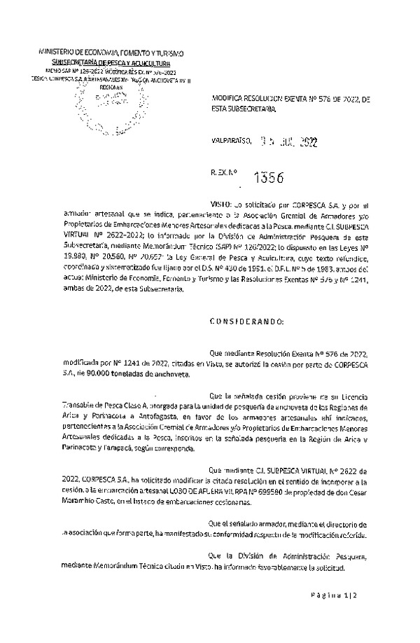 Res. Ex. N° 1356-2022 Modifica Res. Ex. N° 576-2022 Autoriza Cesión Anchoveta, Regiones de Arica y Parinacota a Región de Antofagasta. (Publicado en Página Web 06-07-2022)