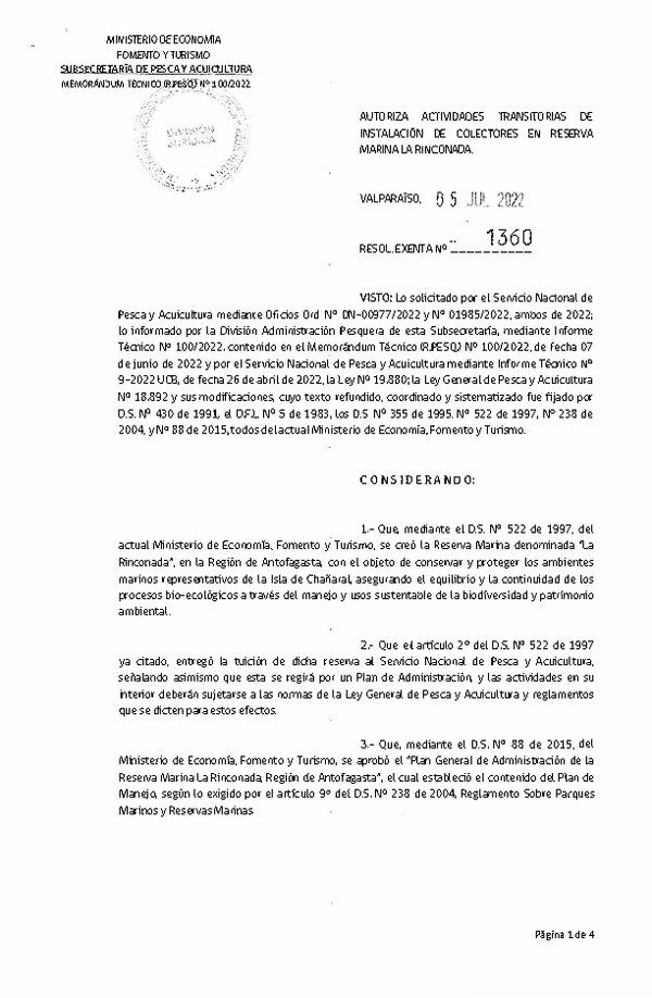 Res. Ex. N° 1360-2022 Autoriza Actividades Transitorias de Instalación de Colectores en Reserva Marina La Rinconada. (Publicado en Página Web 06-07-2022)