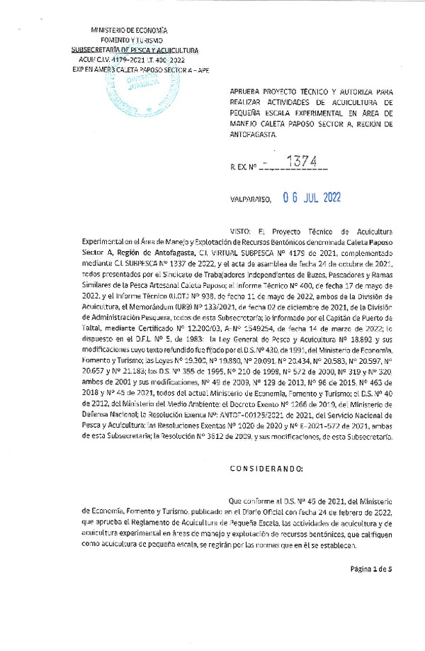 Res. Ex. N° 1374-2022, Aprueba Proyecto Técnico y Autoriza para Realizar Actividades de Acuicultura de Pequeña Escala Experimental en Área de Manejo Caleta Paposo Sector A, Región de Antofagasta. (Publicado en Página Web 06-07-2022)