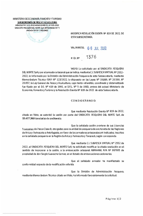 Res. Ex. N° 1376-2022 Modifica Res. Ex. N° 0819-2022, Autoriza Cesión unidad de pesquería Anchoveta, Regiones de Arica y Parinacota a Antofagasta. (Publicado en Página Web 06-07-2022)