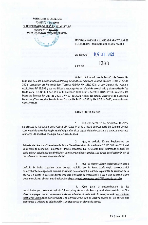 Res. Ex. N° 1380-2022 Modifica Pago de Anualidad para Titulares de LTP Clase B. (Publicado en Página Web 07-07-2022)