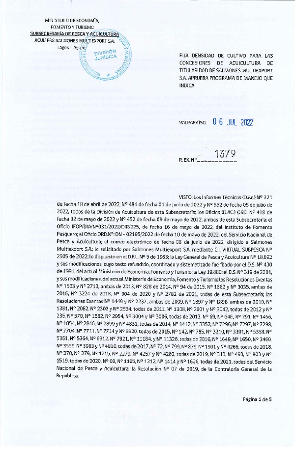 Res. Ex. N° 1379-2022 Fija densidad de cultivo para las concesiones de acuicultura de titularidad de Salmones Multiexport S.A. Aprueba programa de manejo que indica. (Con Informe Técnico) (Publicado en Página Web 07-07-2022)