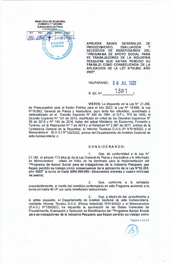 Res. Ex. N° 1381-2022 Aprueba Bases Generales de Procedimiento, Evaluación y Selección de Beneficiarios de Programa que se Indica, Año 2022. (Publicado en Página Web 07-07-2021)