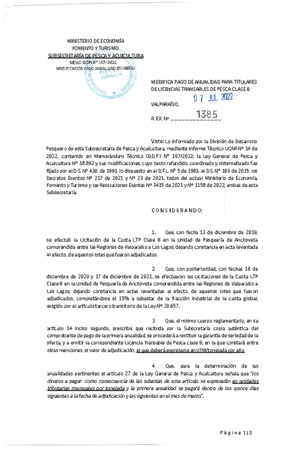 Res. Ex. N° 1385-2022 Modifica Pago de Anualidad para Titulares de LTP Clase B. (Publicado en Página Web 08-07-2022)