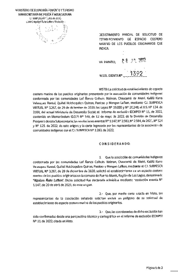 Res. Ex. N° 1392-2022 Desistimiento parcial de solicitud de establecimiento de ECMPO que indica. (Publicado en Página Web 08-07-2022)