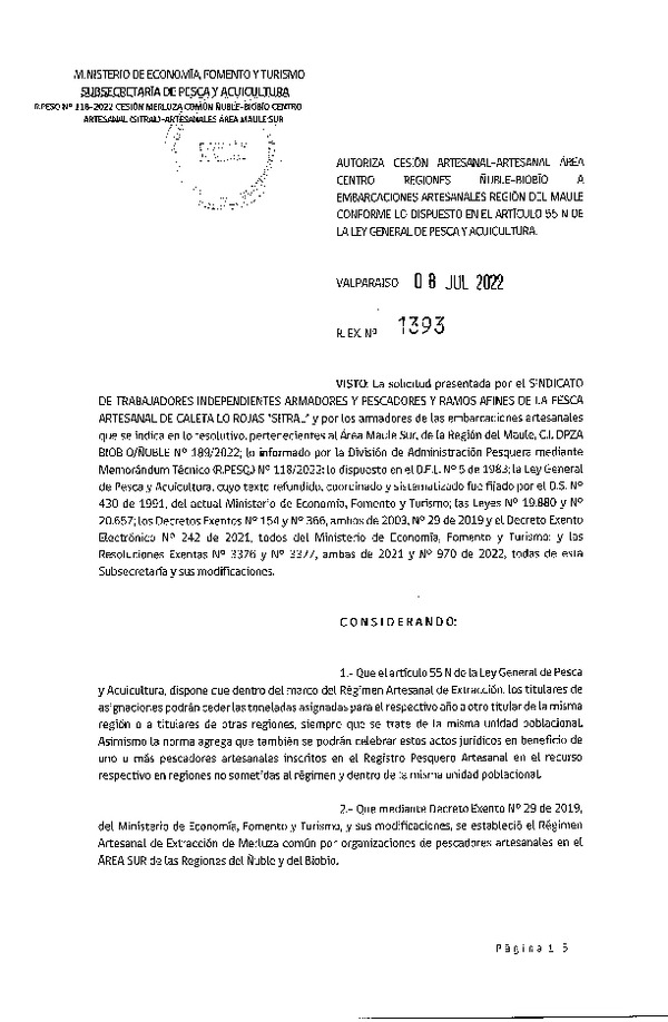 Res. Ex. N° 1393-2022 Autoriza Cesión de Merluza Común, Regiones Ñuble-Biobío a Región del Maule. (Publicado en Página Web 08-07-2022)