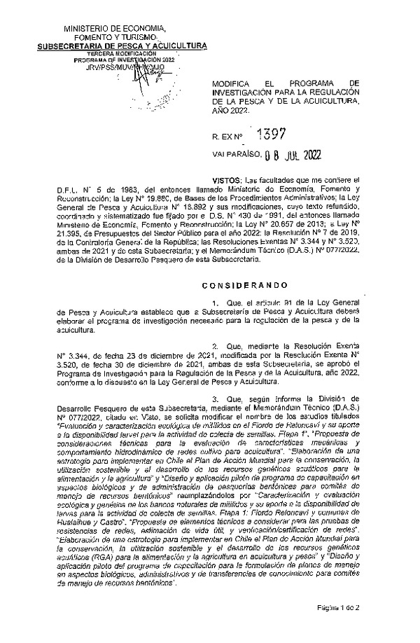 Res. Ex. N° 1397-2022 Modifica el Programa de Investigación para la Regulación de la Pesca y de la Acuicultura, año 2022. (Publicado en Página Web 08-07-2022)