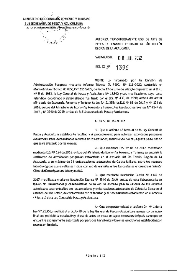 Res. Ex. N° 1396-2022 Autoriza Transitoriamente uso de Arte de Pesca de Enmalle Estuario de Río Toltén, Región de La Araucanía. (Publicado en Página Web 11-07-2022)