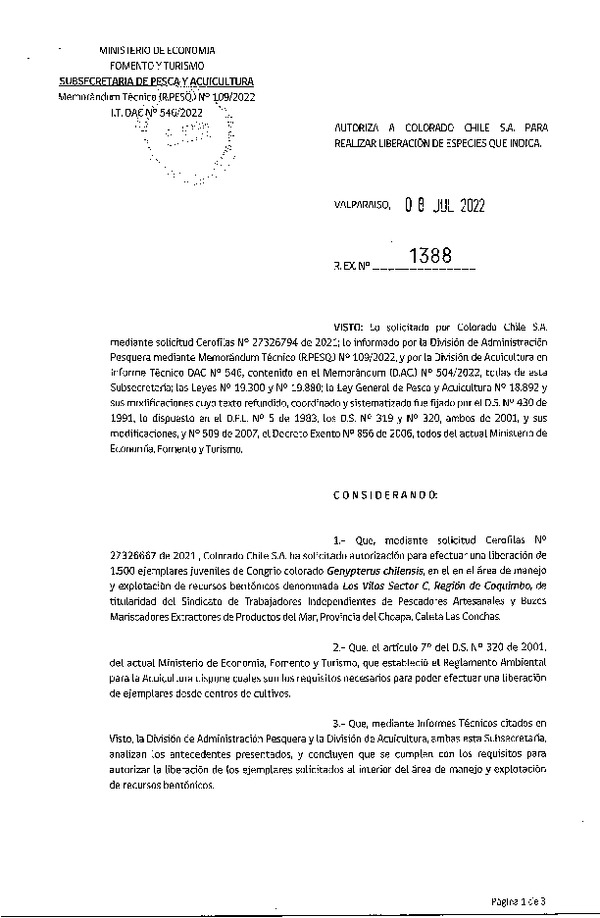 Res. Ex. N° 1388-2022 Autoriza a Colorado S.A. para realizar liberación de especies que indica. (Publicado en Página Web 11-07-2022)