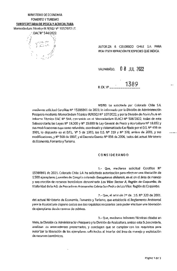 Res. Ex. N° 1389-2022 Autoriza a Colorado S.A. para realizar liberación de especies que indica. (Publicado en Página Web 11-07-2022)