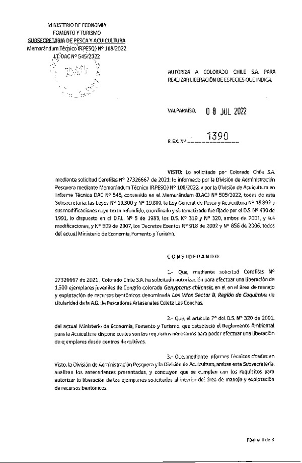 Res. Ex. N° 1390-2022 Autoriza a Colorado S.A. para realizar liberación de especies que indica. (Publicado en Página Web 11-07-2022)