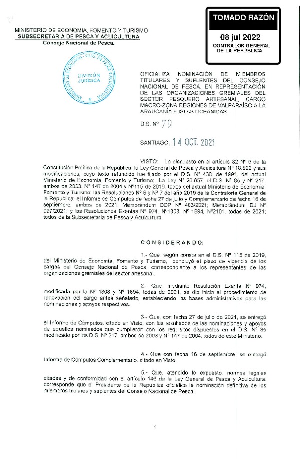 D.S. 79-2021 Oficializa Nominación de Miembro Titulares y Suplentes del Consejo Nacional de Pesca, en Representación de las Organizaciones Gremiales del Sector Pesquero Artesanal, cargo Macro-Zona Regiones de Valparaíso a la Araucanía e Islas Oceánicas. (Publicado en Página Web 11-07-2022)