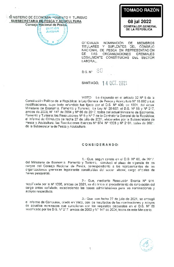 D.S. 80-2021 Oficializa Nominación de Miembro Titulares y Suplentes del Consejo Nacional de Pesca, en Representación de las Organizaciones Gremiales Legalmente Constituidas del Sector Laboral. (Publicado en Página Web 11-07-2022)