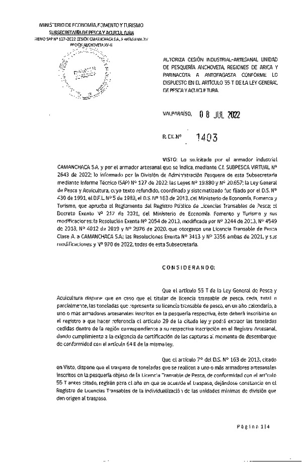 Res. Ex. N° 1403-2022 Autoriza Cesión Anchoveta, Regiones de Arica y Parinacota a Región de Antofagasta. (Publicado en Página Web 11-07-2022)