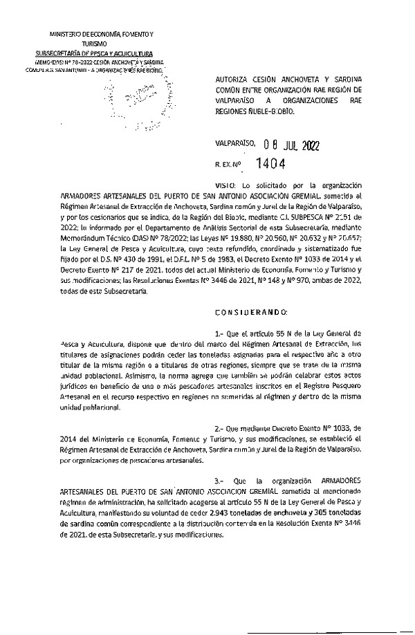 Res. Ex. N° 1404-2022 Autoriza Cesión Anchoveta y Sardina Común, Región de Valparaíso a Regiones de Ñuble-Biobío. (Publicado en Página Web 11-07-2022)