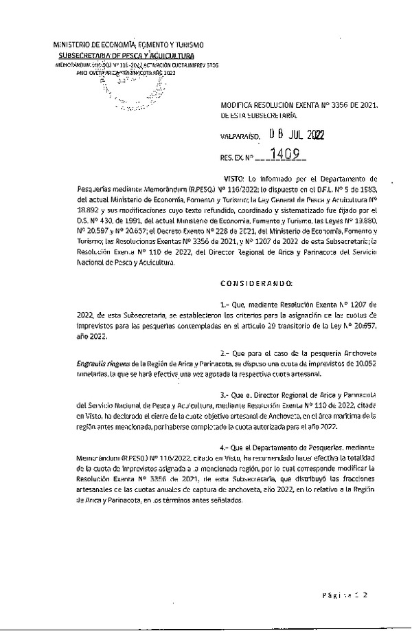 Res. Ex. N° 1409-2022 Modifica Res. Ex. N° 3356-2021, de esta Subsecretaría. (Publicado en Página Web 11-07-2022)