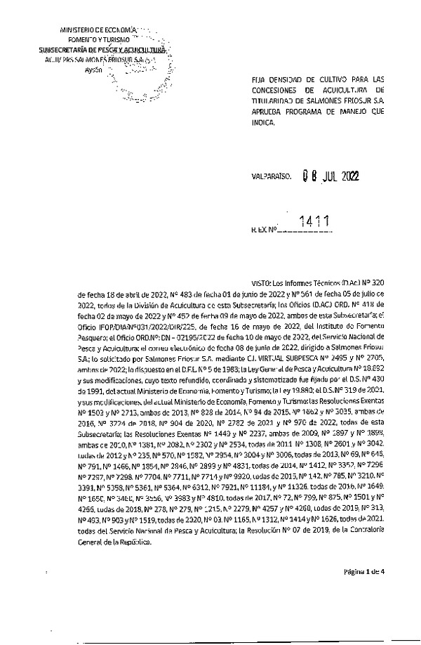 Res. Ex. N° 1411-2022 Fija densidad de cultivo para las concesiones de acuicultura de titularidad de SALMONES FRIOSUR S.A. Aprueba programa de manejo que indica. (Publicado en Página Web 11-07-2022)