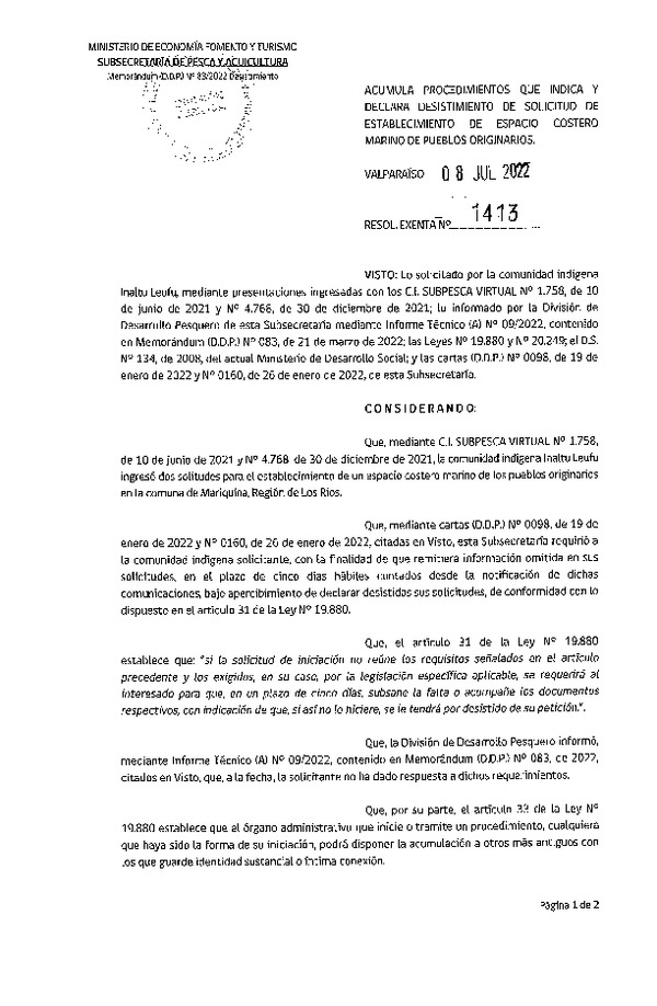Res. Ex. N° 1413-2022 Acumula procedimientos que indica y declara desistimiento de solicitud de establecimiento de ECMPO. (Publicado en Página Web 11-07-2022)