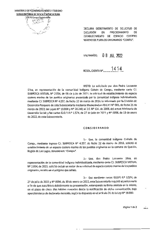 Res. Ex. N° 1414-2022 Declara desistimiento de solicitud de exclusión en procedimiento de establecimiento de ECMPO "COMPU". (Publicado en Página Web 11-07-2022)