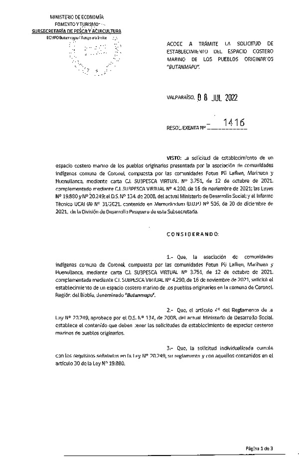 Res. Ex. N° 1416-2022 Acoge a trámite la solicitud de establecimiento de ECMPO "BUTANMAPU". (Publicado en Página Web 11-07-2022)