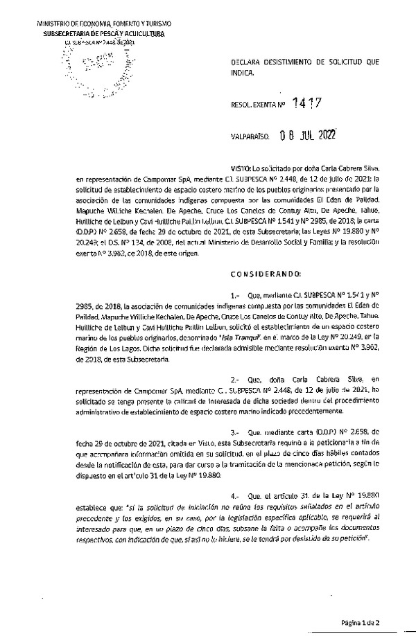 Res. Ex. N° 1417-2022 Declara desistimiento de solicitud que indica. (Publicado en Página Web 11-07-2022)