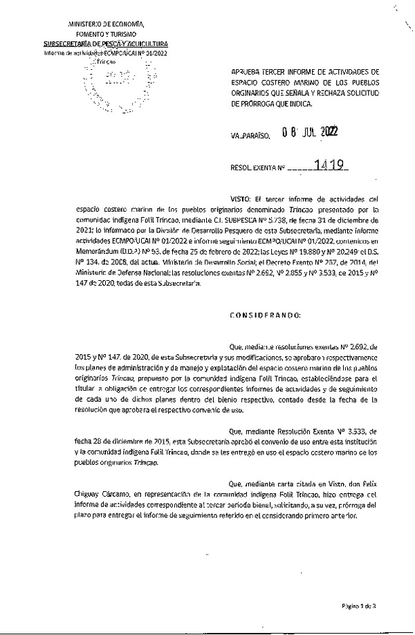 Res. Ex. N° 1419-2022 Aprueba tercer informe de actividades de ECMPO que señala y rechaza solicitud de prórroga que indica. (Publicado en Página Web 11-07-2022)