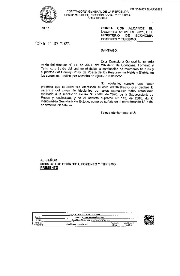 D.S. N° 81-2022 Oficializa Nominación de Miembros Titulares y Suplentes del Consejo Zonal de Pesca de las Regiones de Ñuble y Biobío. Cargos que Indica. (Publicado en Página Web 12-07-2022)