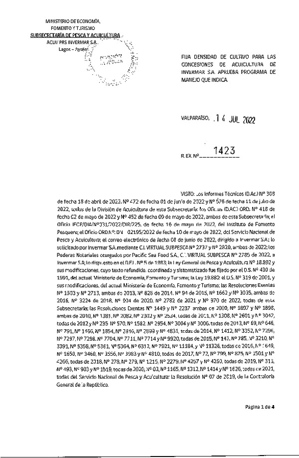 Res. Ex. N° 1423-2022 Fija densidad de cultivo para las concesiones de acuicultura de INVERMAR S.A. Aprueba programa de manejo que indica. (Con Informe Técnico) (Publicado en Página Web 14-07-2022)