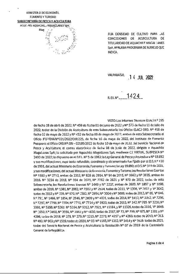 Res. Ex. N° 1424-2022 Fija densidad de cultivo para las concesiones de acuicultura de titularidad de AQUACHILE MAGALLANES Spa. Aprueba programa de manejo que indica. (Con Informe Técnico) (Publicado en Página Web 14-07-2022)